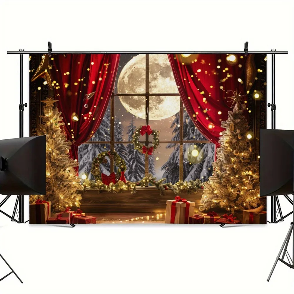 Christmas tree and moon window background banner, 1 polyester photographic background cloth