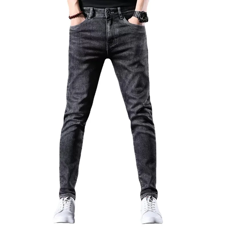 Autumn Casual Black Gray Jeans Men Slim Fit Pencil Pants Fashion Letter Printed Denim Trousers
