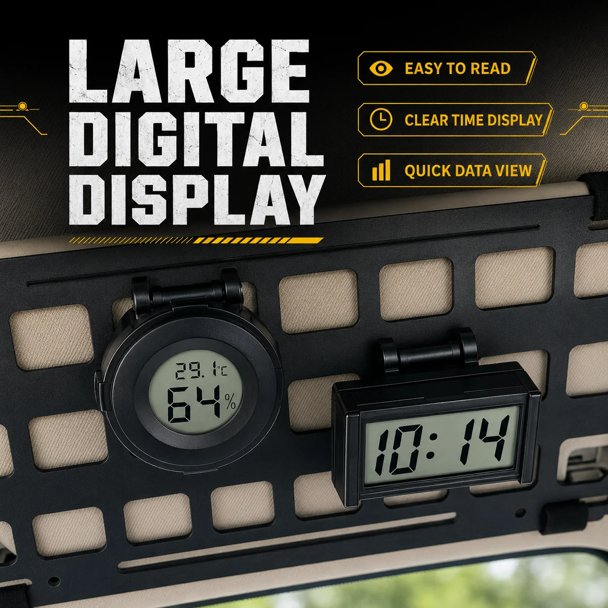 Car Temperature Humidity Meter Digital Clock MOLLE Visor Panel Mount Thermometer Hygrometer Auto Interior Tactical Accessory