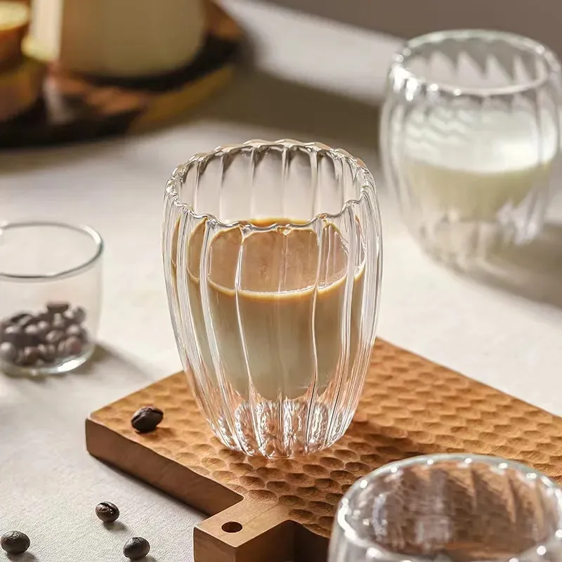 Stripe Glass Double Wall Mug Heat Resistant Tea Latte Milk Wine Mugs Juice Coffee Water Cups Whisky Espresso Glasses