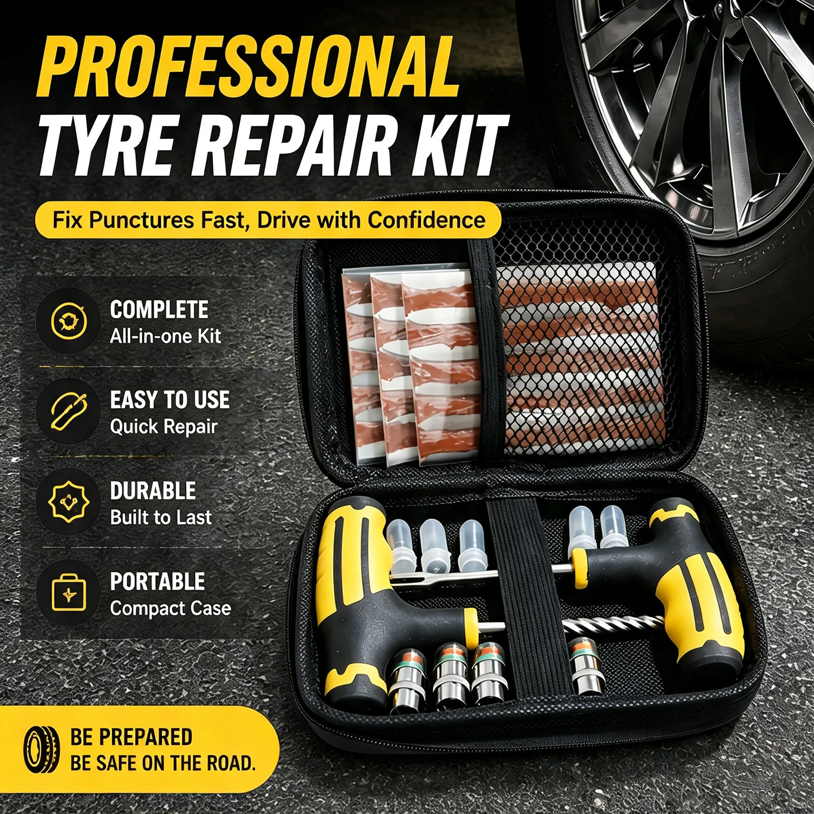Motorbike Flat Tyre Repair Set T-Handle Awl Rubber Plugs Pressure Alert Valve Caps Zipper Carry Pouch Tubeless Puncture Fix