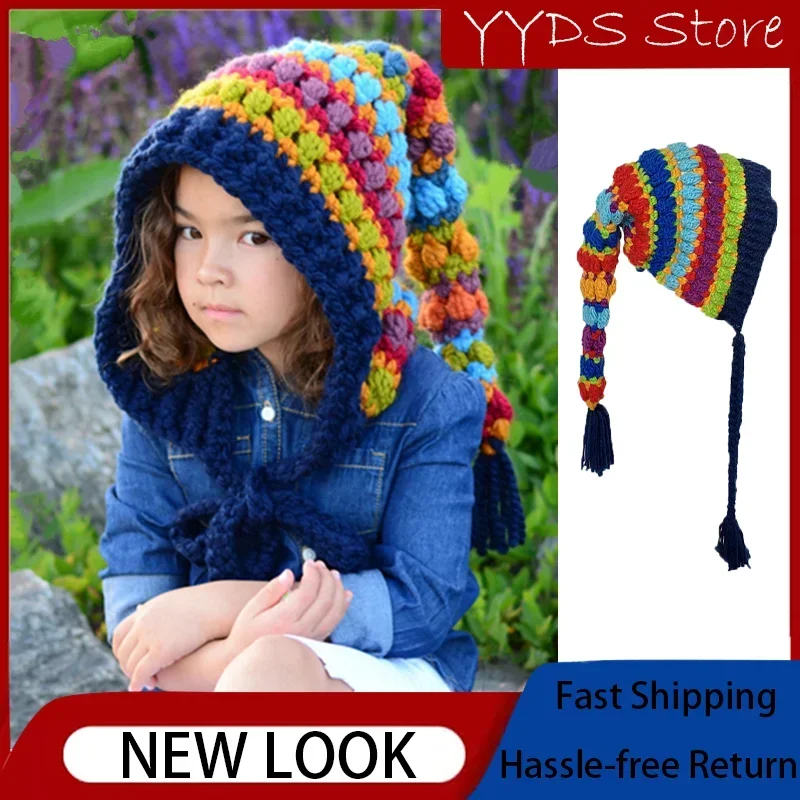 Children's Crochet Rainbow Long-tailed Hat Parent-child Knitted Wool Warm Elf Hat Men and Women Wear Thick Winter Beanie Hats