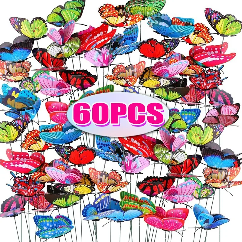 

10/60Pcs Butterfly Stakes Colorful Simulation Butterfly Stakes Yard Planter Flower Pot Butterfly Pole Outdoor Garden Decoration