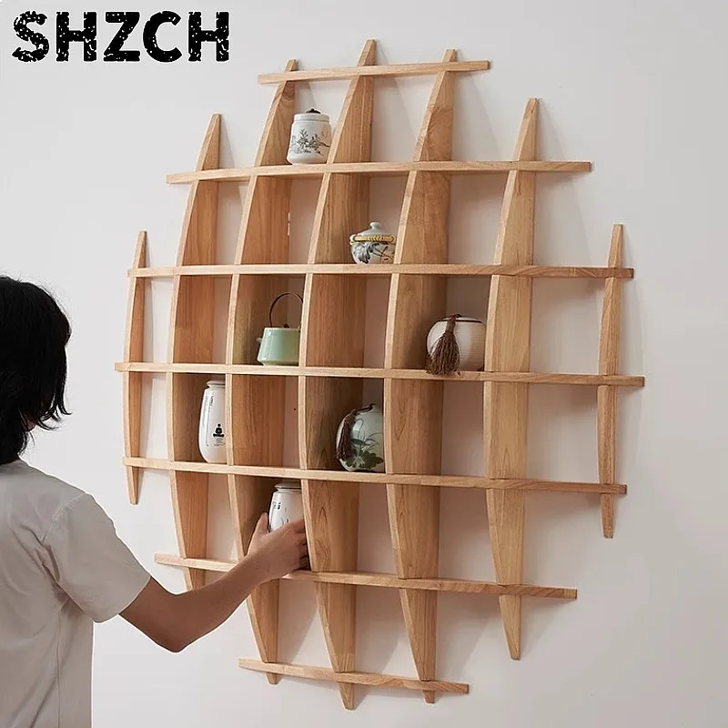Chinese Style Solid Wood Wall Shelf Round Floating Display Cabinet for Tea Sets Handcrafted Cup Holder Decor