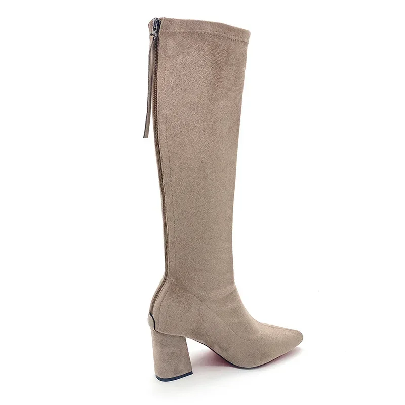 Classics Women's Boots Knee High Flock 2024 Autumn Winter New Mature Casual Pointed Back Zipper Fashion Square Heel Women Shoes image 5