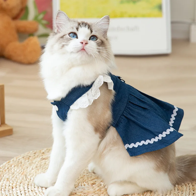 Cat Clothes Cute In Strawberries Tow Rope Two Feet Denim Skirt Puppet Blue Cat Hair Proof Pet Clothes Princess Summer Dress