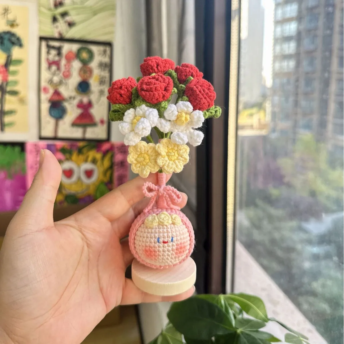 手編みウールヤーンフラワーブーケ装飾完成品ギフトクリエイティブドールお祝い用品-手作り工芸品