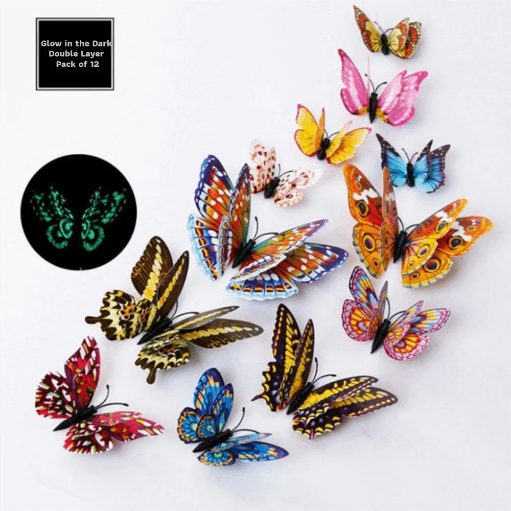 PVC Material Luminous Butterfly Decals 3D Design Double-layer Glow In Dark Decals Simulated Glow-in-the-dark