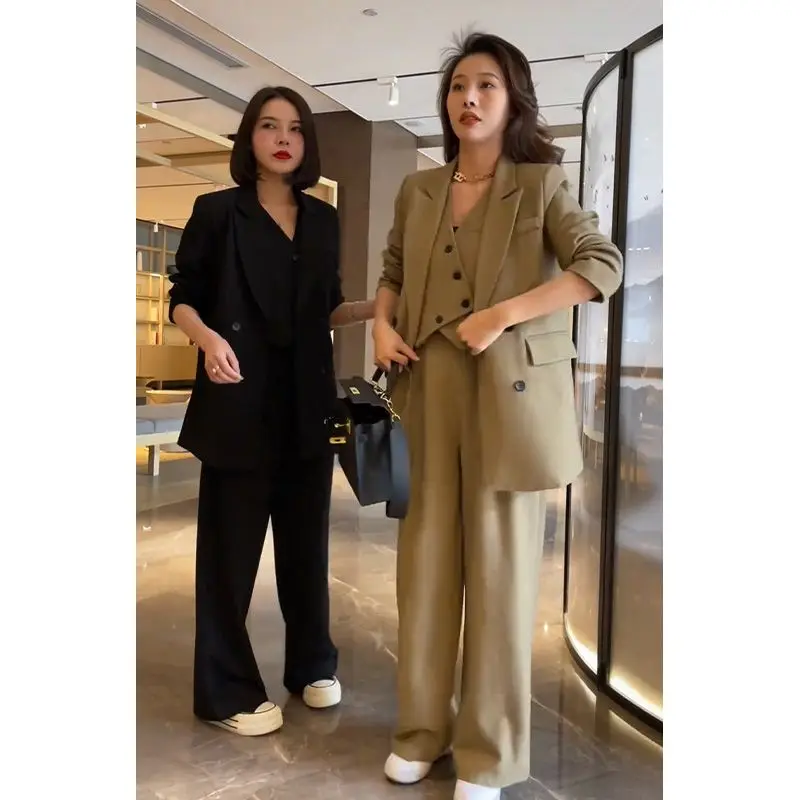 Setelan jaket Blazer wanita, Blazer rompi celana kaki lebar, tiga potong Set pakaian kantor elegan gaya Korea musim semi