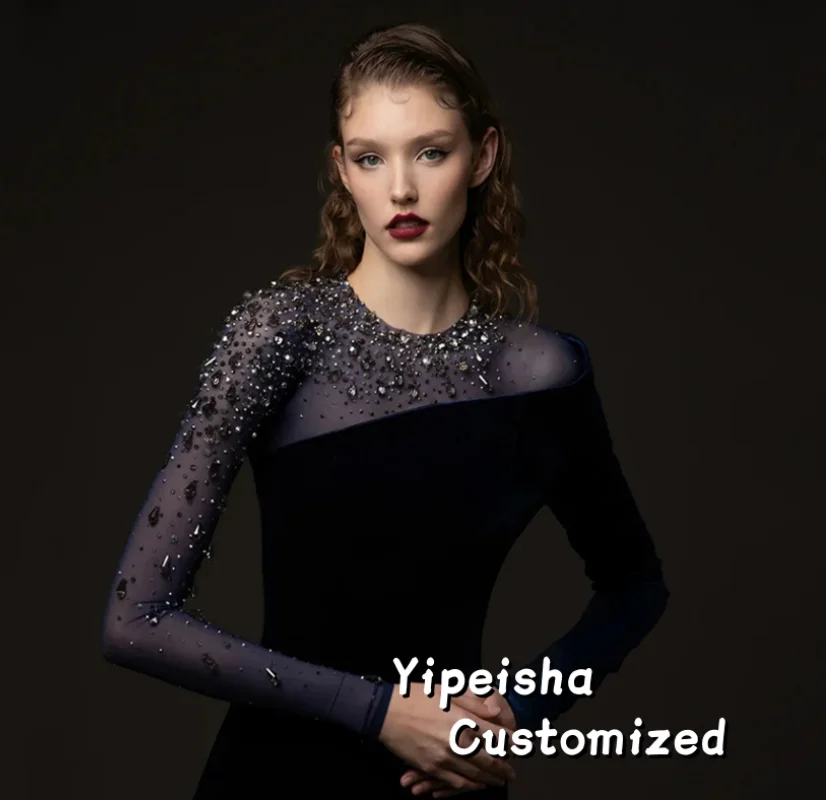 Customized Velour Long Slevees Round Neck Evening Dress Crystals Beading Floor Length Special Occasion Saudi Prom Gown