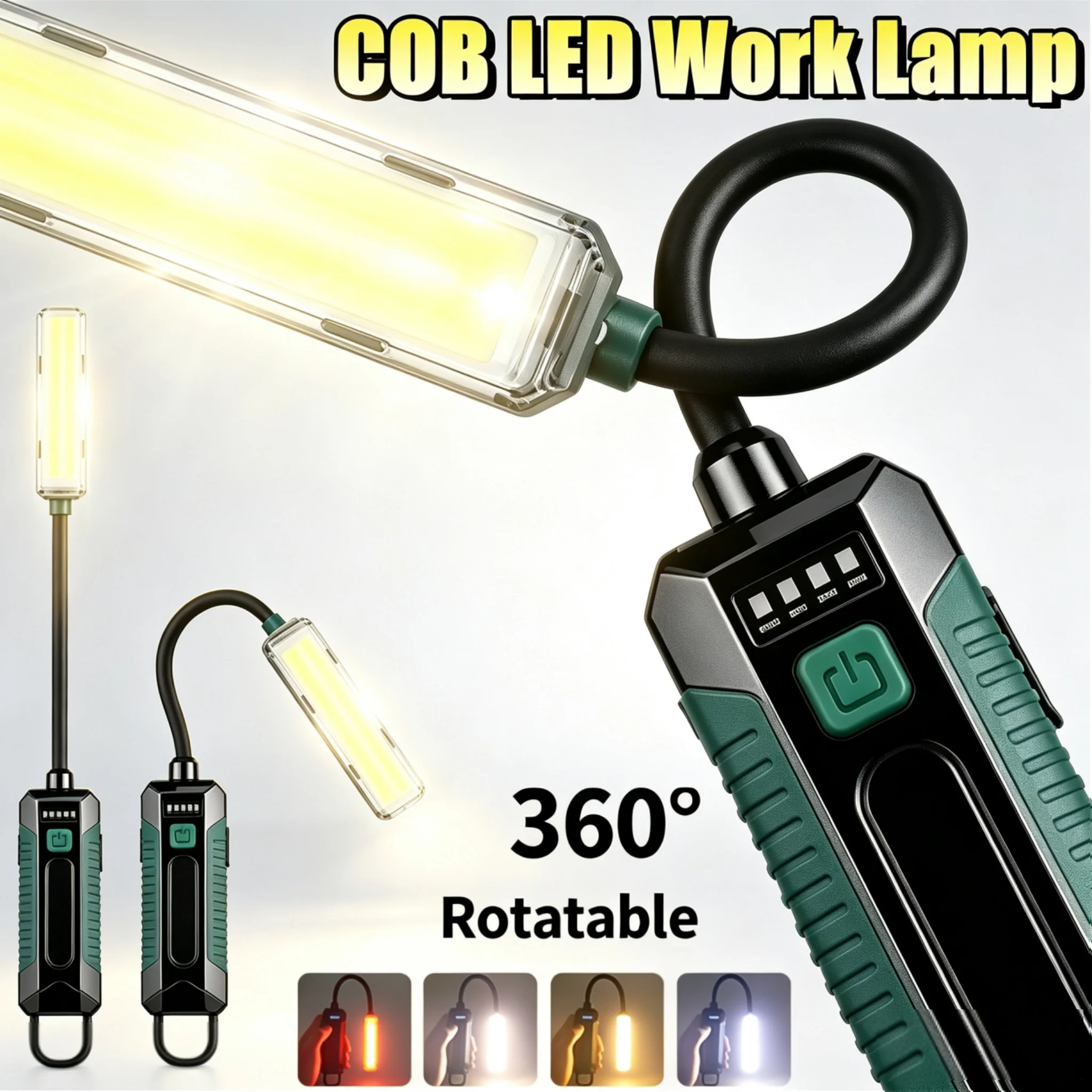 360°Rotatable Flexible COB Work Light USB Rechargeable Magnetic Hook Lamp Portable LED Torch for Car Repair Workshop Garage
