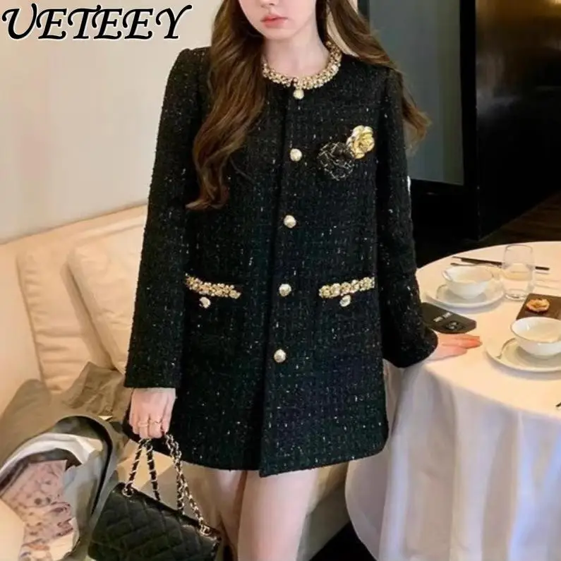 Winter New Celebrity Flower Woolen Woven Coat Light Luxury Thickened Diamond-encrusted Tweed Crew Neck Jacket for Women