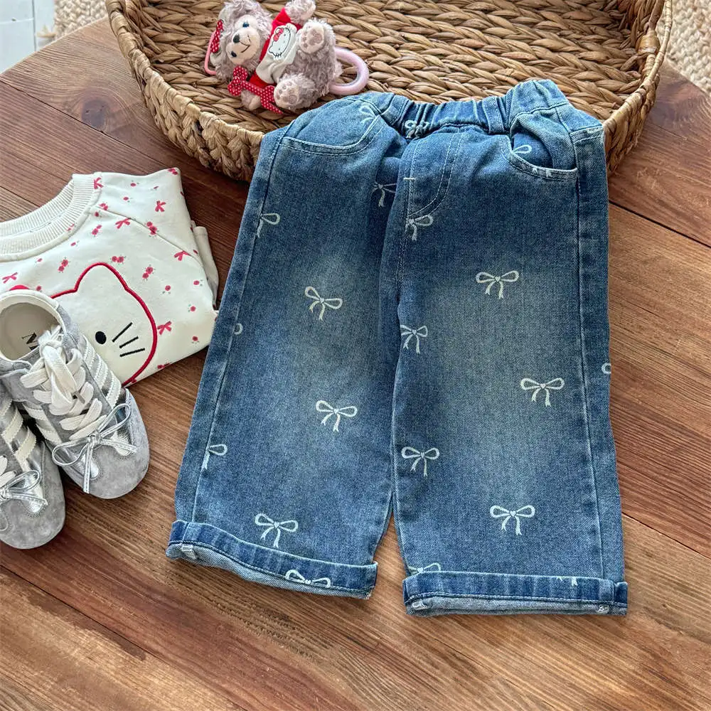 

Toddler Girls Trousers Autumn Bowknot Printed Kids Baby Girls Denim Pants Versatile Elastic Waist Baby Girls Straight-leg Pants