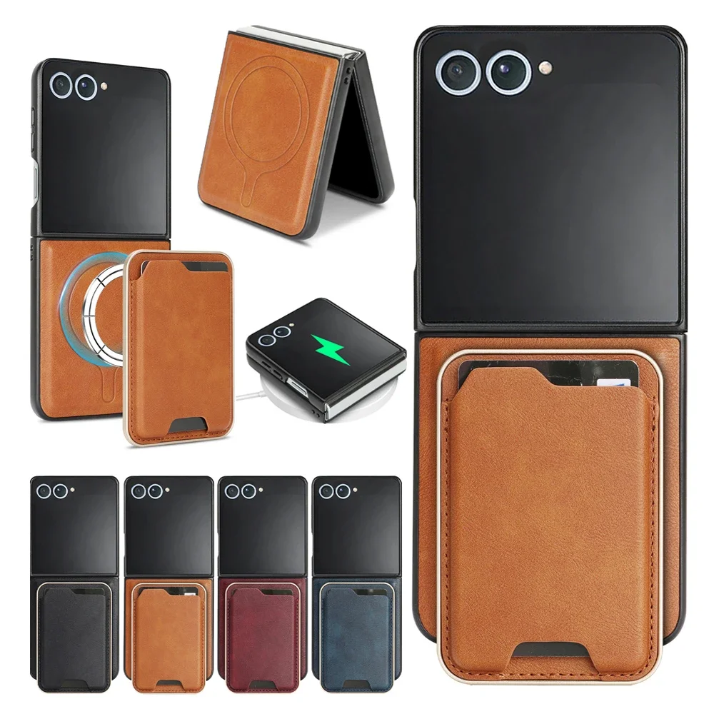 2-in-1 magnetische Ledertasche für Samsung Galaxy Z Flip 7 6 5 4 3 Flip7 Flip6 Wireless Charging Cards Holder Slots Phone Cover