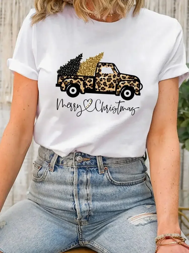 Tee Top Christmas Lady New Year Short Sleeve Print Fashion Leopard Truck Trend Cute Women Shirt Clothing Clothes Graphic T-shirt