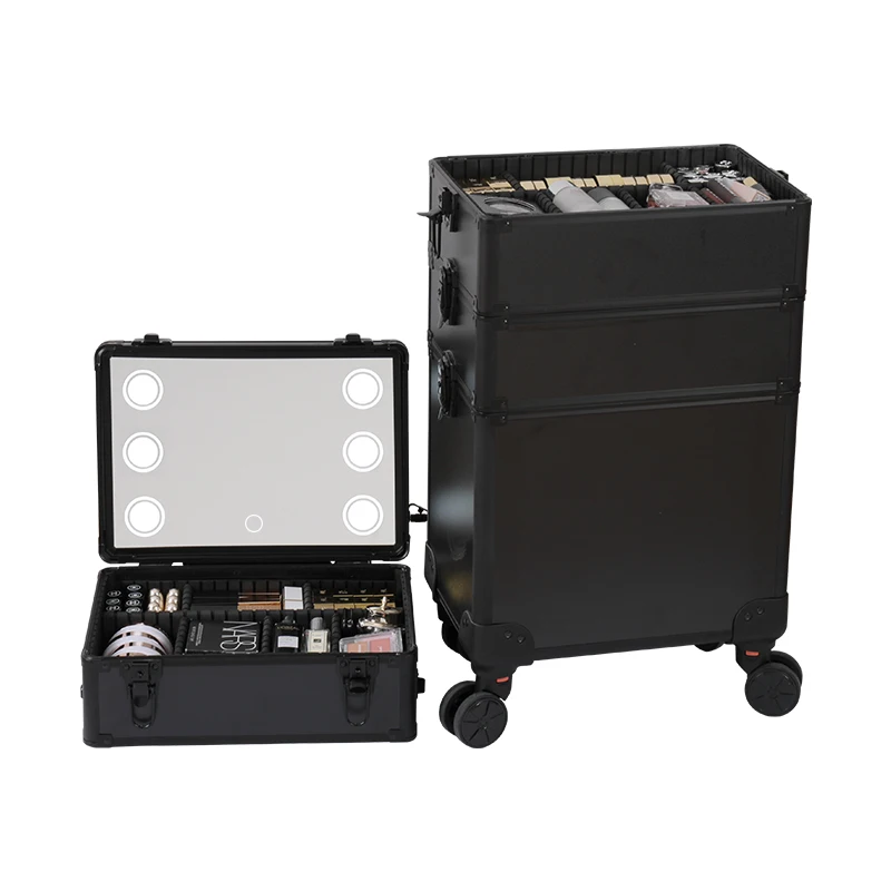 4 in 1 Makeup Rolling Train Case with Mirror of LED Lighted 3 Color Setting, Professional Cosmetology Trolley with Keys