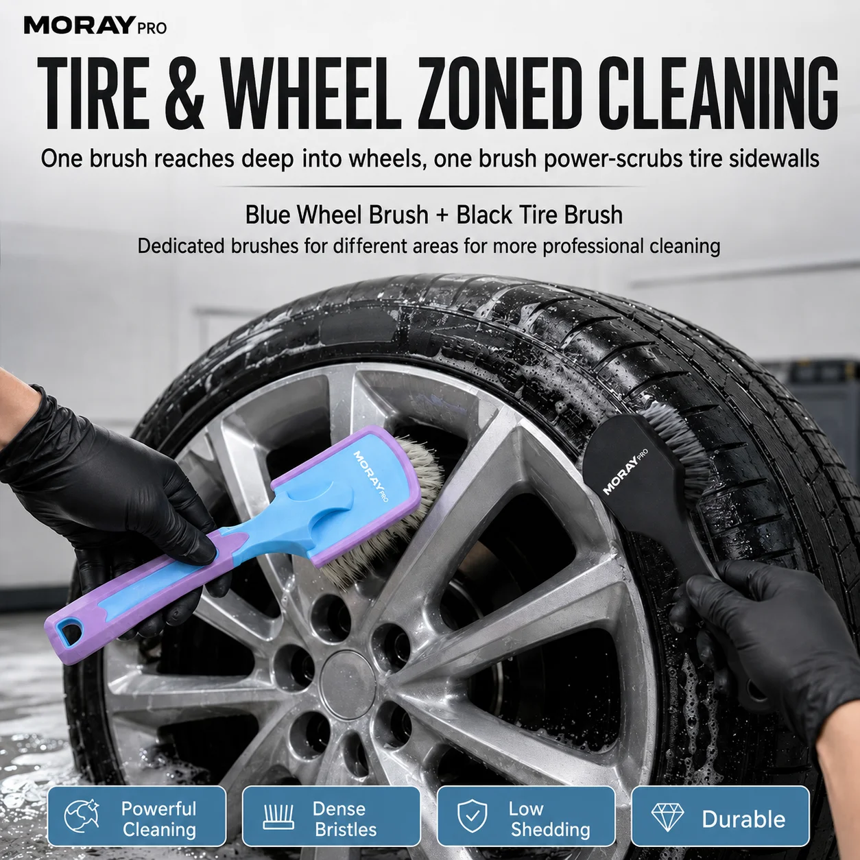 MORAY Soft-Bristled Car Tire and Wheel Brush, Anti-Scratch Wheel Cleaning Brush, Non-Slip Handle, Car Grooming Tool
