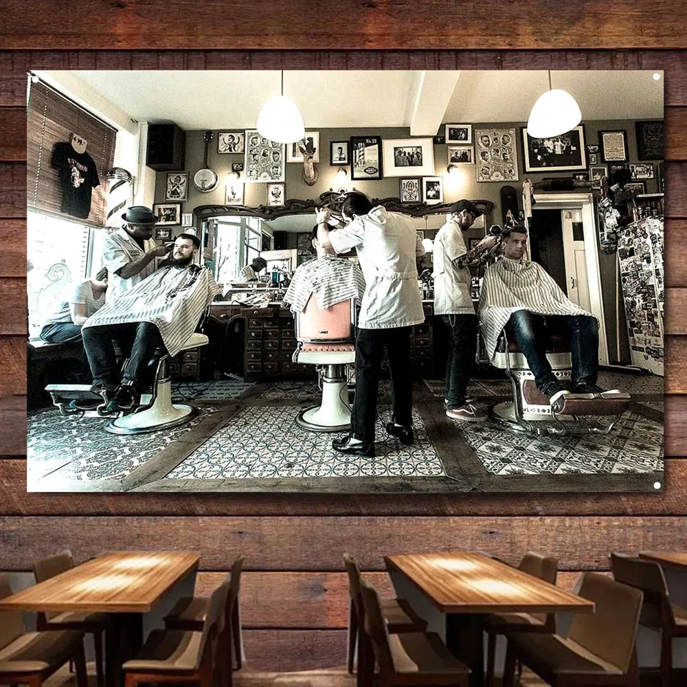 Haircut and Shaving Flag Polyester Digital Printing Banner Hairstyling Poster for Barber Shop Wall Art Indoor Tapestry Decor