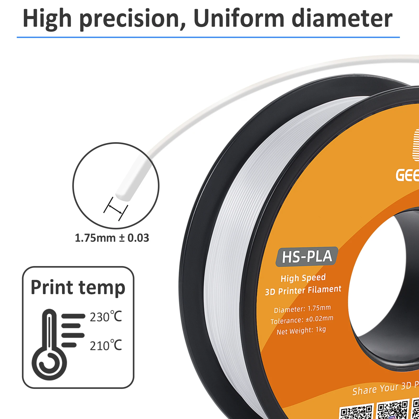 GEEETECH High-Speed PLA Filament 1.75mm 1kg 1 spool, Fast Curing, Better Liquidity, HS-PLA High-Speed 3D Printing Filament