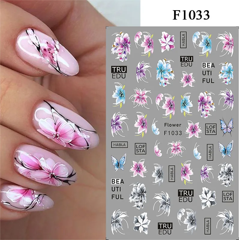 New Spring Fresh Flowers Butterfly 3D Nail Stickers Colorful Laser Butterflies Geometric Pattern Stickers Nail Decoration 1PCS