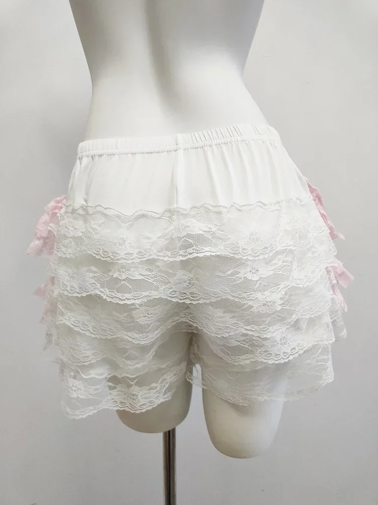 Cute Lace Shorts Women Ribbons Flowers Elastic Waist Lolita Style Multilayer Bottoming Shorts for Sweet Girls Kawaii Clothes