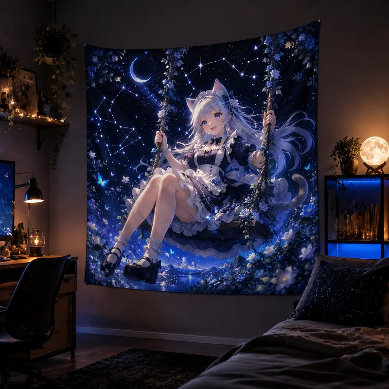 VIKAMA Starry Sky Cat-Ear Maid Anime Tapestry, Crescent Moon Swing Wall Hanging, Bedroom Wall Decoration, Home Decor
