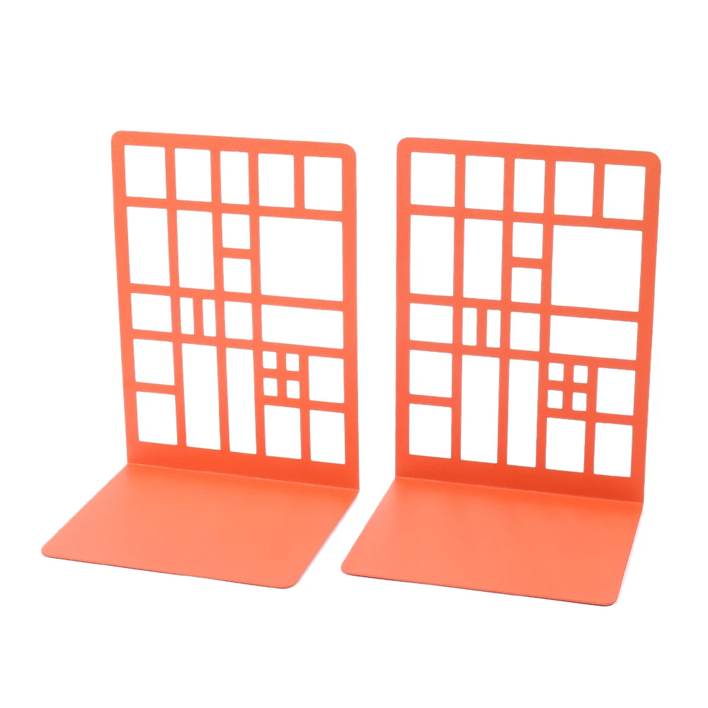 2 Pcs Orange Hollow Rectangles Book Ends Heavy Book Stand Shelf Book rack Iron Bookends Home Desk Stationery Stand Iron