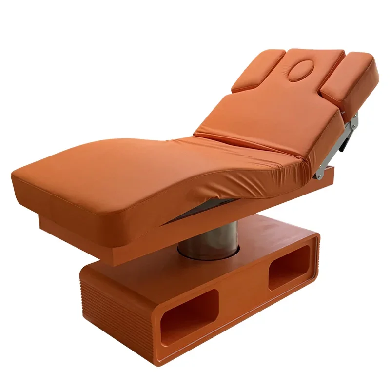 Table de massage électrique réglable en cuir orange, meubles de salon de beauté, lit de luxe, lumière LED, 3 moteurs