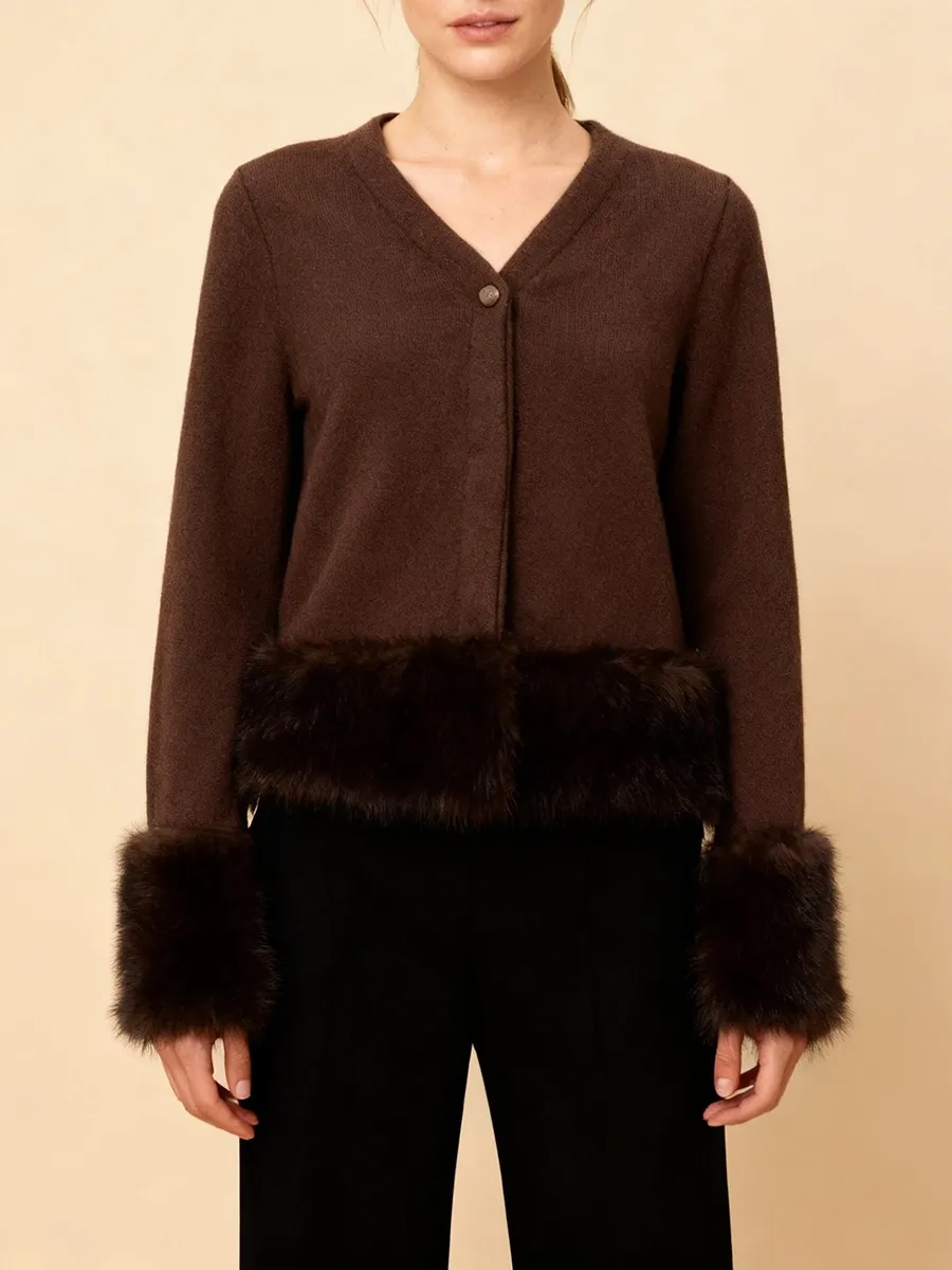 TWOTWINSTYLE مثير الصلبة تقسم الفراء تريكو للنساء الخامس الرقبة طويلة الأكمام Pathwork زر سترة قصيرة الإناث الشتاء نمط جديد #2