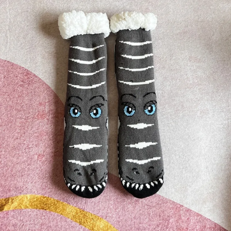 Fuzzy Thermal Sock Women dinosaur Winter Funny Cute Kawaii Non Slip Cartoon Sleeping Soft Comfy Female Short Floor Slippers Sock