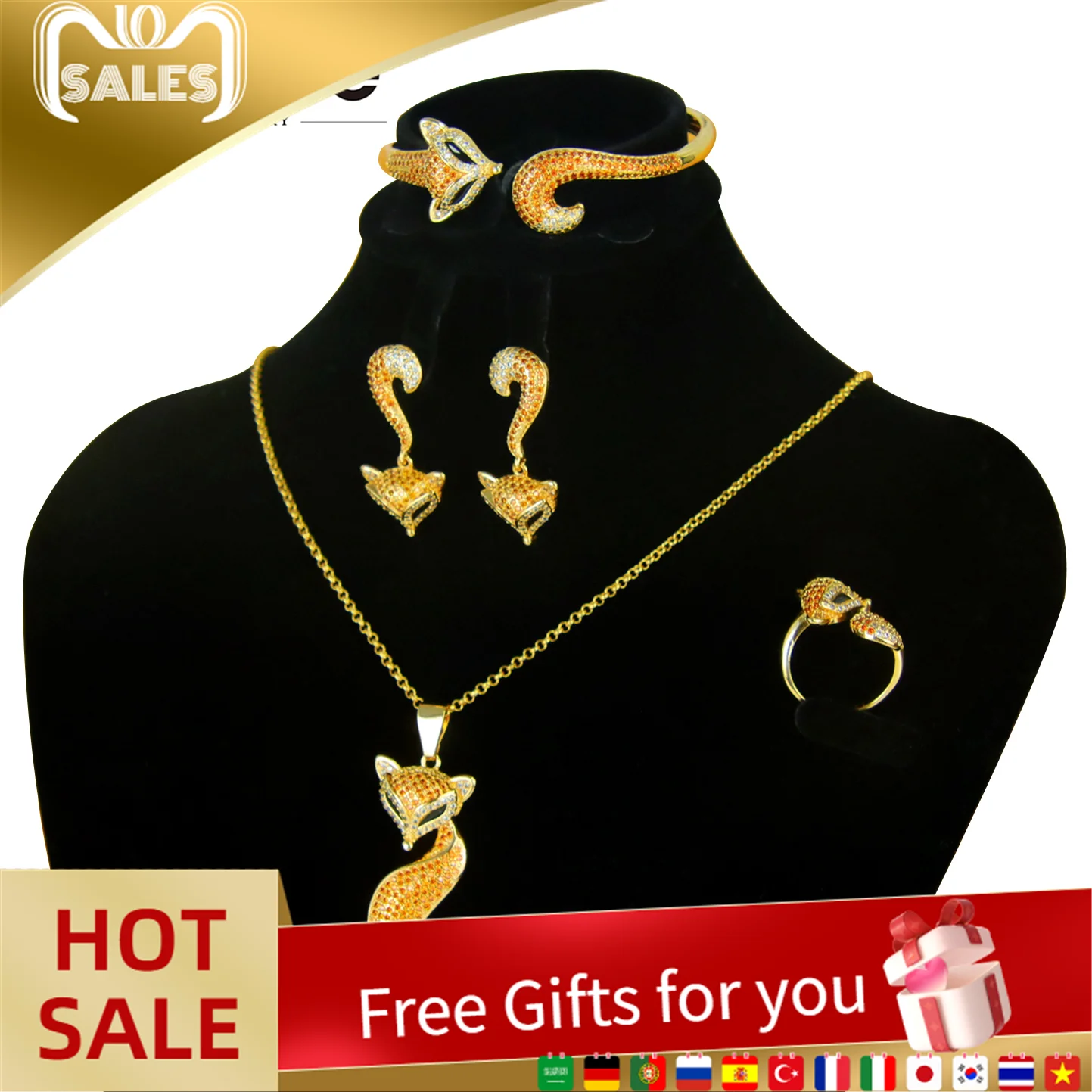 

Gorgeous Original Little Foxes Jewelry Set 21k Gold Plated Luxuriant Multi Color Zirconia Fox Pendant Dubai Exotic Necklace Sets