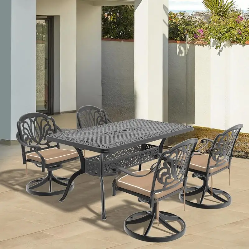 

5-Piece All-Weather Cast Aluminum Dining Set with 4 Swivel Chairs and Rectangular Table in Black Frame