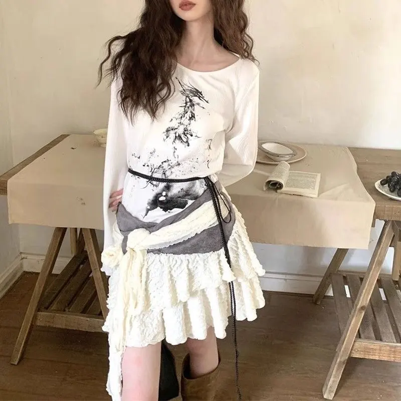 

Spring Summer American Design Printed T-shirts Long Sleeve Casual Women's Clothing Loose Round Neck Basic Folds Pullovers New