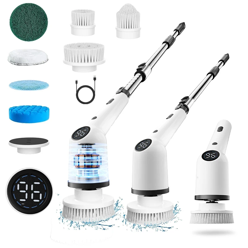 

Cordless Electric Spin Scrubber Extendable Power Scrubber 1300mAh Battery 8 Heads Handheld Cleaning Brush For Kitchen Bathroom