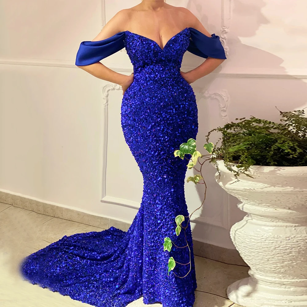 Mermaid Evening Party Gown For Woman Off Shoulder Glitter Sequin Sweep Train Formal Prom Dresses V Neck Sleeveless Plus Size