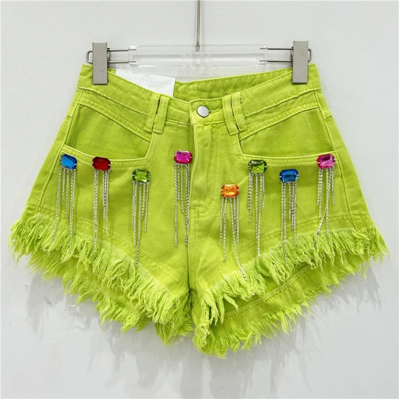 Color Diamond Women's Denim Shorts Summer Tassel Chain Spicy Girls Hot Pants Personalized Good-looking Fringed Woman Clothes