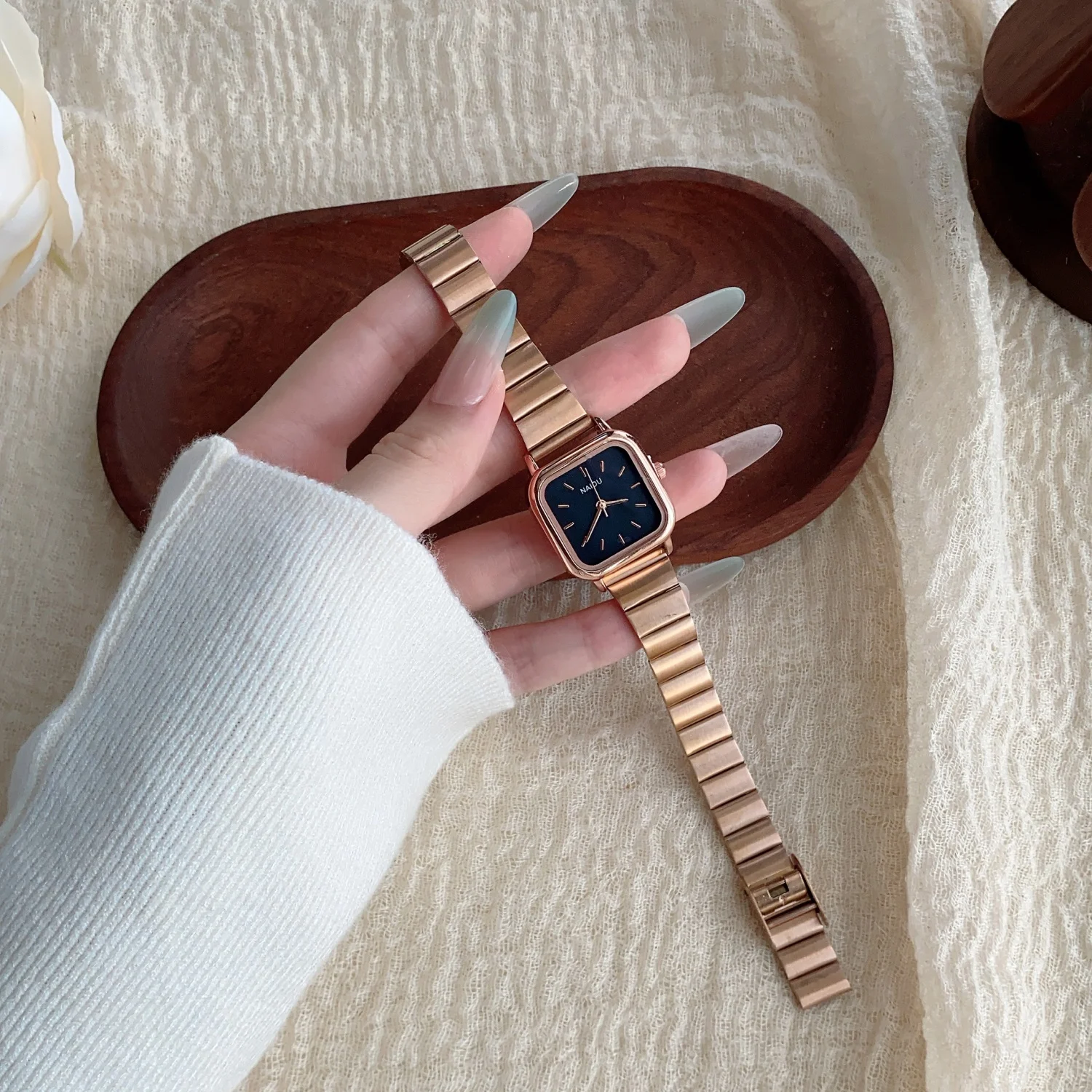 

Hot Brand Quartz Wristwatch Rose Gold Bamboo Stainless Steel Strap Watch Women Simple Square Dial Student Watches Reloj De Mujer