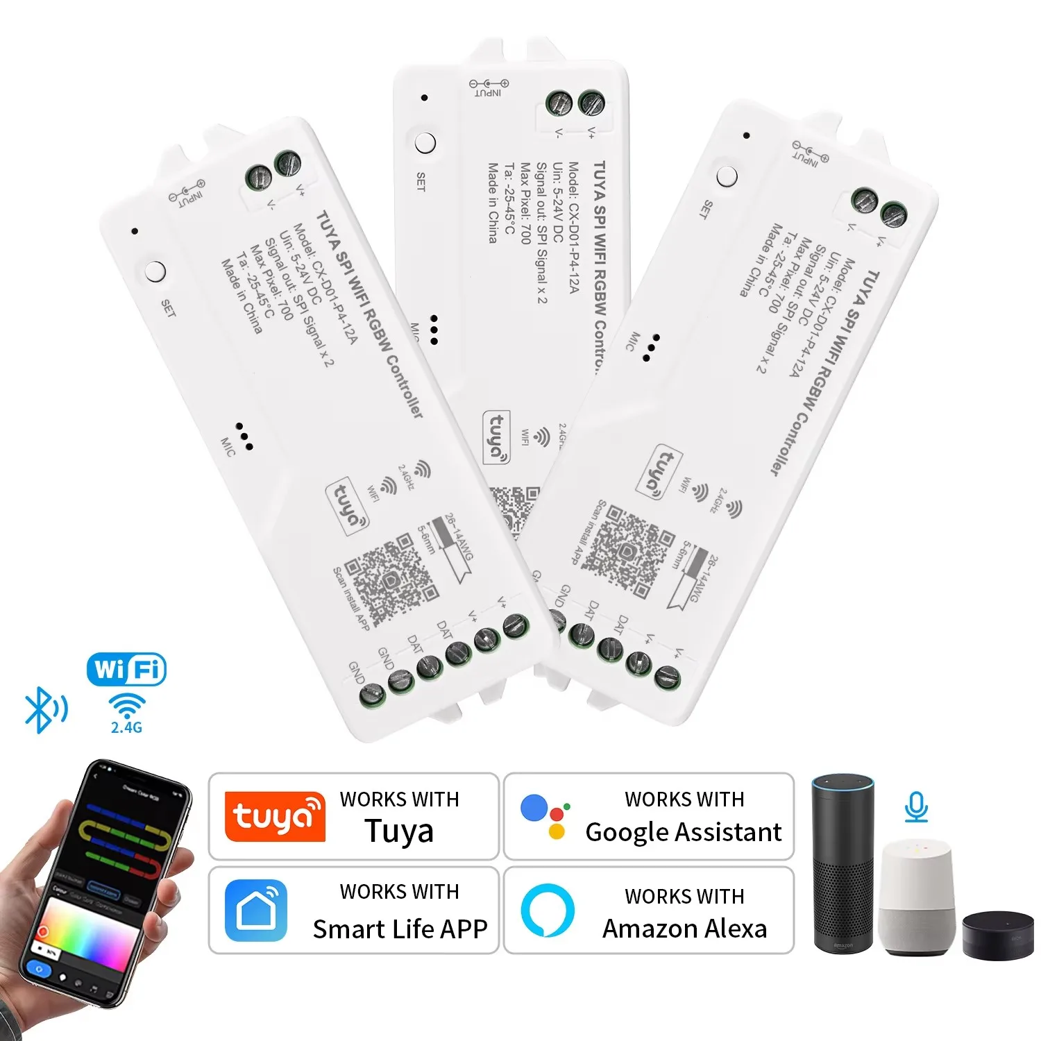 Tuya Wifi LED SPI Controller for RGBIC RGBWIC WS2811 WS2812B SK6812 Addressable LED Strip Light Voice Control Alexa Google 5-24V