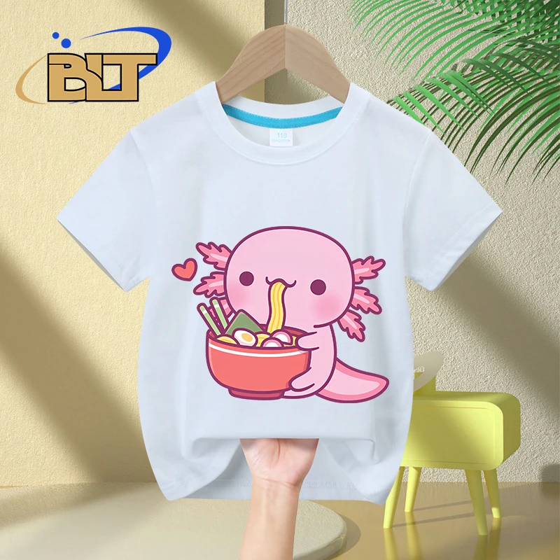 Śliczny aksolotl uwielbia jeść japoński makaron Ramen z nadrukiem dzieci t-shirt letni z czystej bawełny z krótkimi rękawami dla chłopców i dziewcząt