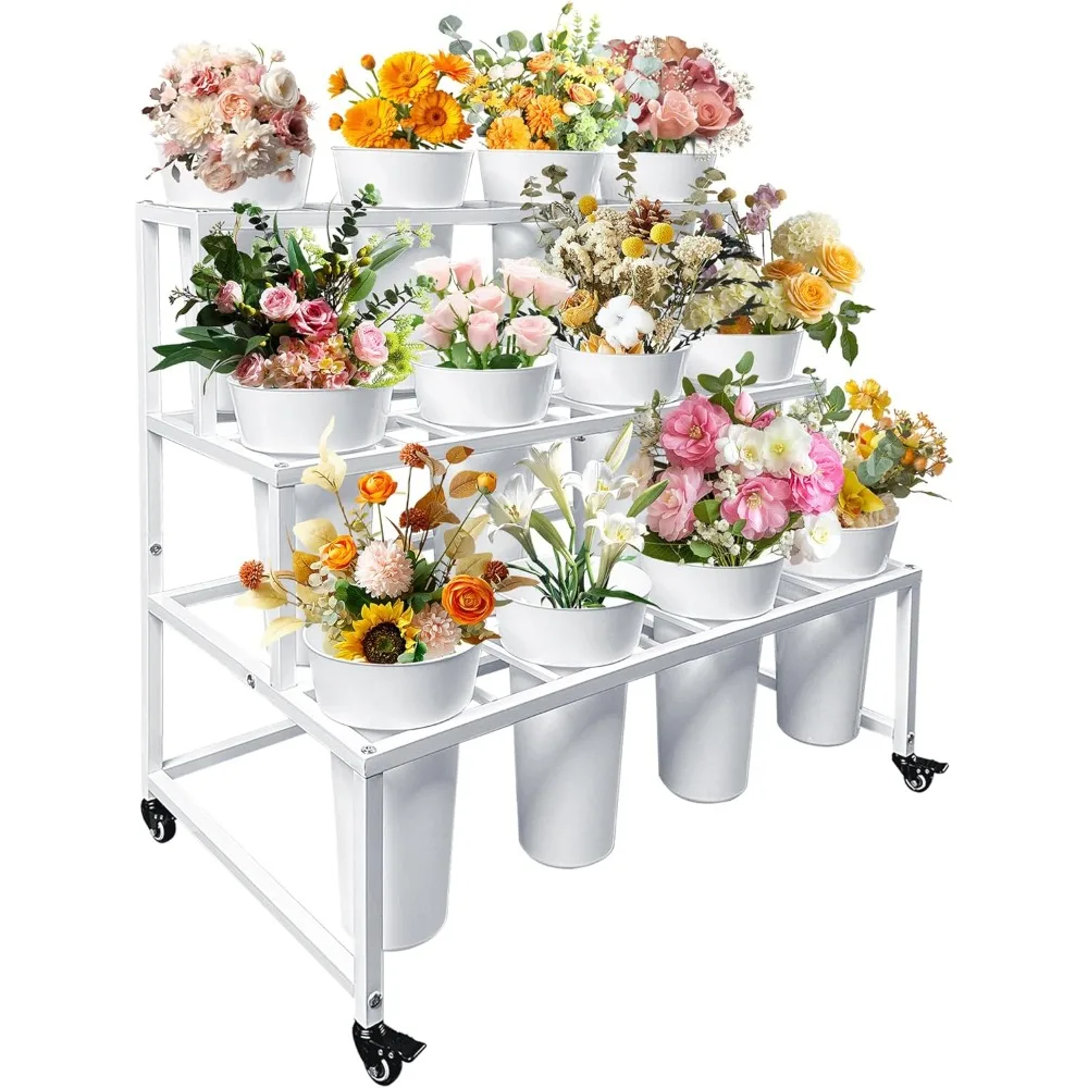 

Flower Stand with 12 Buckets, Flower Display Stand with Wheels, Flower Cart, Moving Florist Bouquet Shelf, Rectangular, White