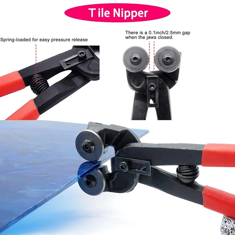 Glass Cutting Tool Set Kit, Wheeled Glass Tile Nippers Glass Running Pliers Breaking Pliers Oil Feed Glass Cutter Set-A73M view 4