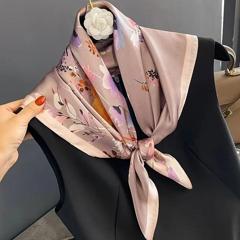 

27.55inch Light Purple Flower Print Square Scarf Simulated Silk Thin Neck Scarf Elegant Style Sunscreen Headscarf For Women