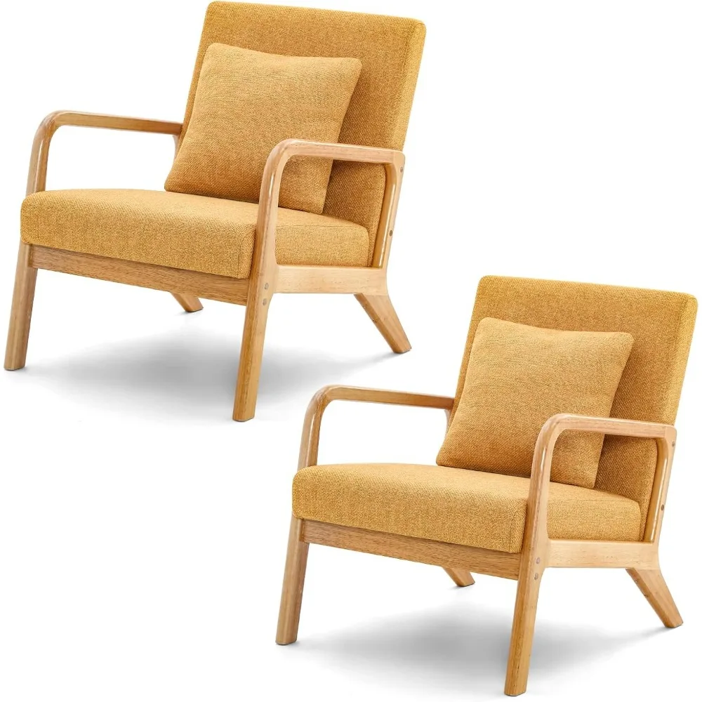 Mid-Century Modern Accent Chair,Fabric Lounge Chair for Living Room Bedroom, Reading Armchair,Easy Assembly,Set of 2, Yellow