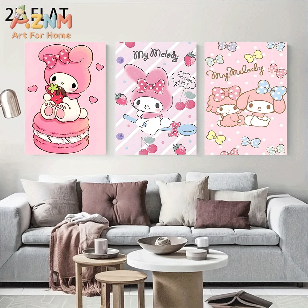 AZNM Sanrio My Melody Canvas Wall Art Unframed Cute Cartoon Macaron Strawberry Bow Heart Theme Print Painting Girls Bedroom Home