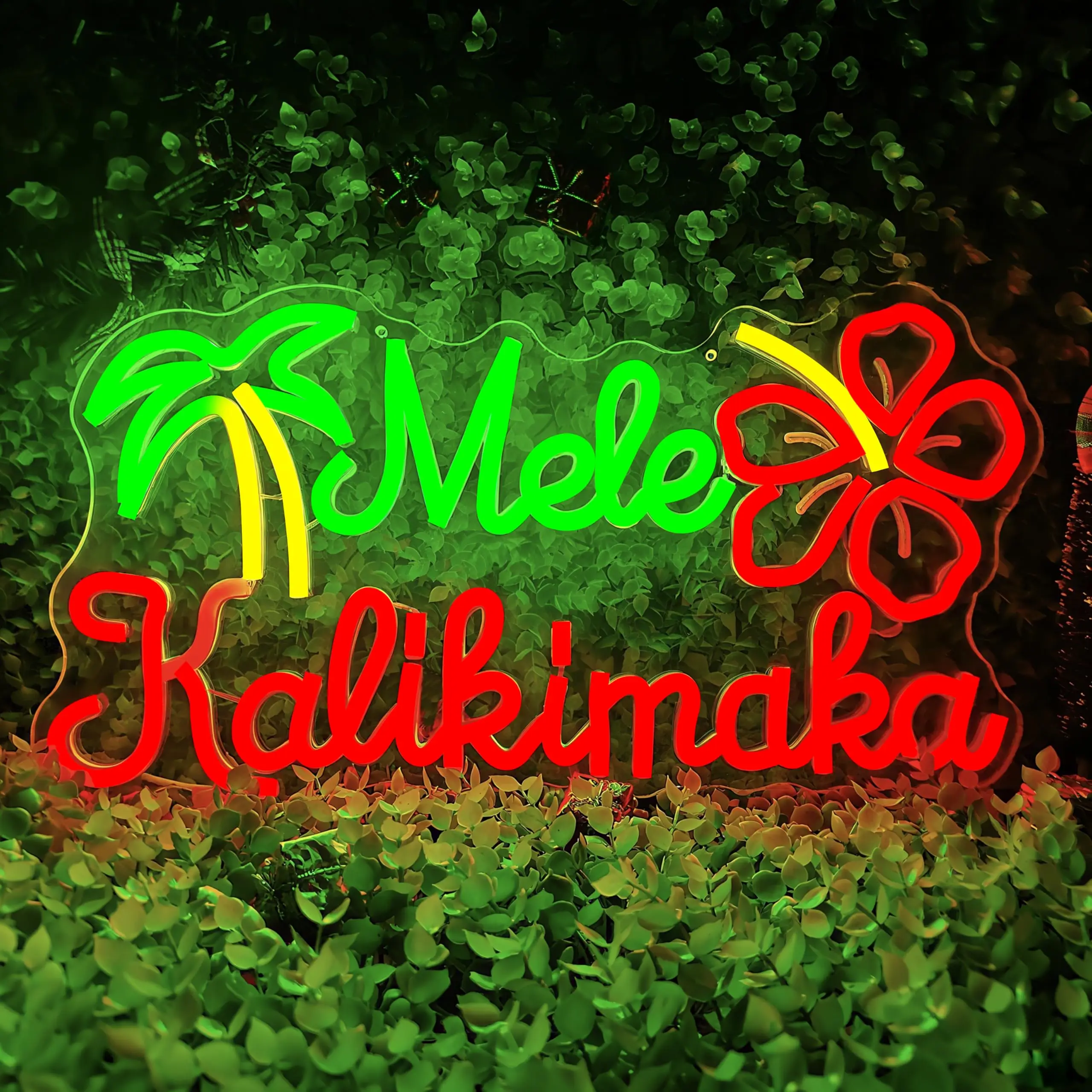 メレ・カリキマカ-ネオンサイン-ハワイアン-クリスマス-調光スイッチ付き-ledライト-トロピカルヤシの木-ハイビスカス付き-壁飾り用
