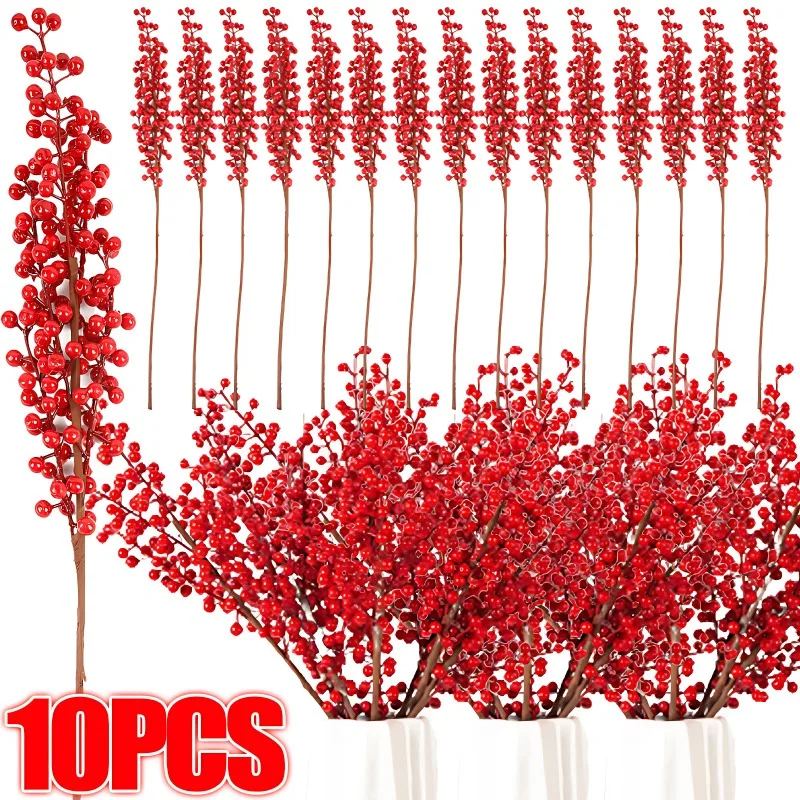 1-10PCS Artificial Red Berry Bouquet Christmas Decor Fake Flower for Home Decor Xmas Tree Navidad New Year Ornaments Accessory