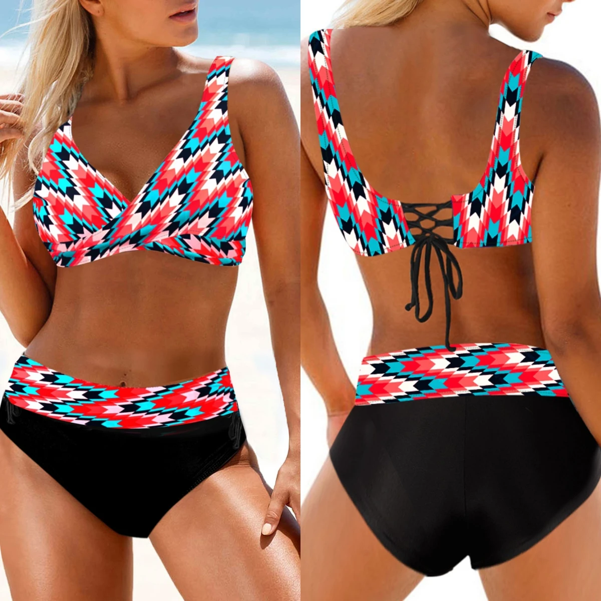 

Bikini geometric pattern gathered bra Women Tummy Control High Waist Swimsuit Shorts 2 Piece Set Tankini Swimwear for Women 2024