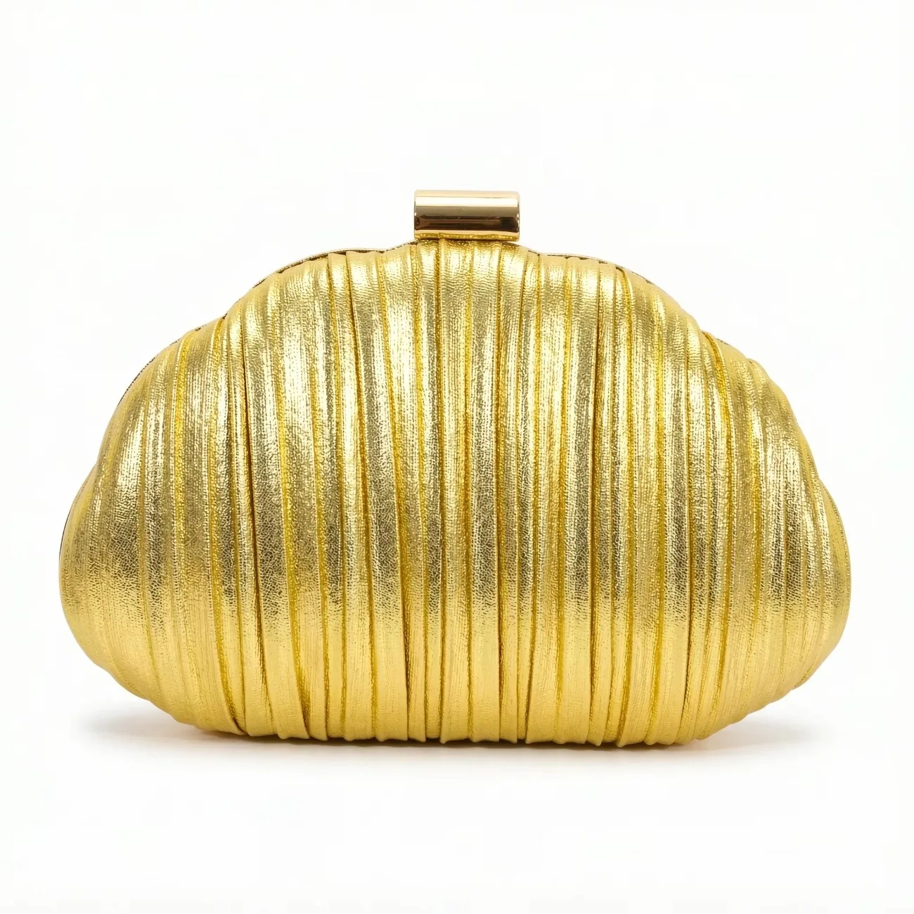Gorgeous Chic Cloud Shell Shaped Evening Clutch, Gold Metal Pleated Hardcase Bag, Free Metal Chain for Wedding & Party