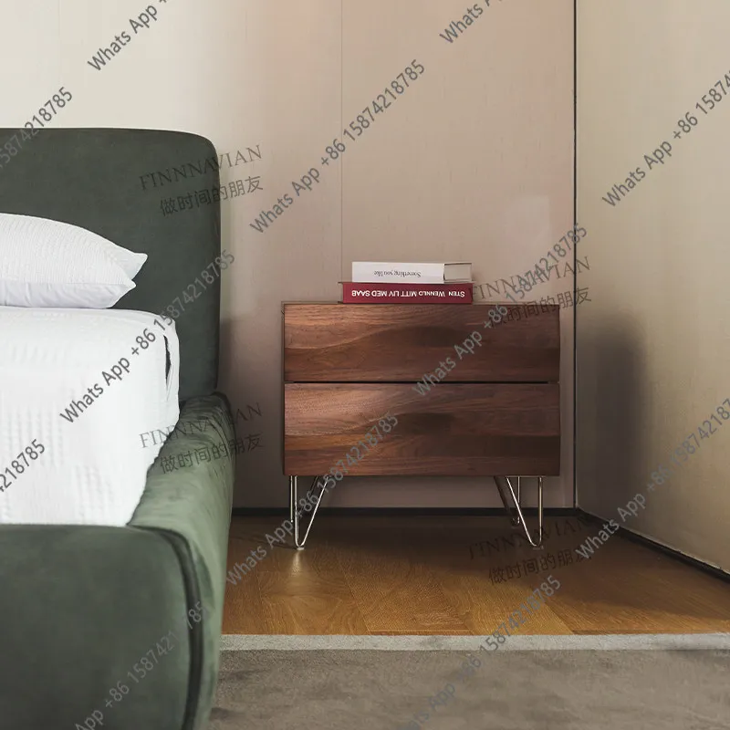 Kk Italian Simple Black Walnut Wood Bedside Cabinet Sideboard Storage Cabinet Bedroom Small Apartment Light High-end Feeling