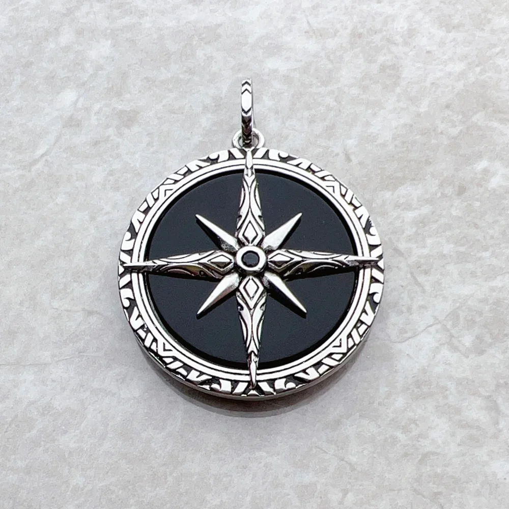 Pendant Black Compass New Jewelry 925 Sterling Silver Accessories Vintage Gift For Men Women